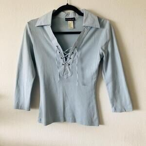 Bebe Light Blue Lace-Up Collar Long Sleeve Shirt Size L